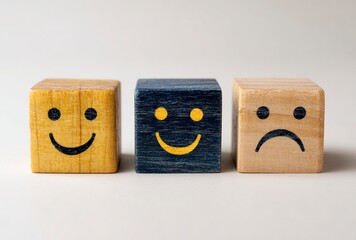 Three cheerful wooden cubes with a bright yellow smiley face bring joy and positive vibes to any modern setting, perfect for playful design concepts and cheerful branding.