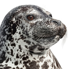 Png of detailed headshot of a grey seal, isolated on transparent background, showcasing its distinctive spotted pattern