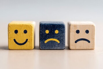 Three cheerful wooden cubes with a bright yellow smiley face radiate positivity and joy, perfect for conveying happiness, optimism, and playful design in modern contexts.