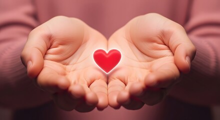 Obraz premium Hands Holding Glowing Red Heart Love Symbol