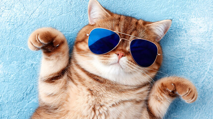  Playful ginger cat wearing sunglasses, showcasing detailed fur under soft directional lighting. wildlife magazines, conservation campaigns, designed for nature documentaries and education.