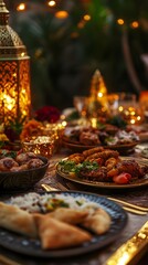 Naklejka premium AI image Festive iftar dinner illuminated by golden lanterns and delicious foods ready to share