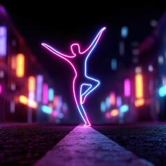 Neon Dancer: A vibrant, stylized silhouette leaps against a blurred city backdrop, embodying freedom and movement in a modern, colorful night.