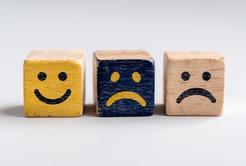 Three cheerful wooden cubes with vibrant yellow smiley faces radiate happiness, symbolizing positive emotions, joy, and playful engagement, perfect for conveying optimism and fun.