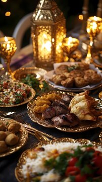 AI image Festive Ramadan iftar table with Middle Eastern food and lantern illumination celebration