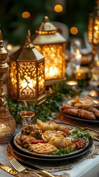 AI image Festive Iftar Dinner Setup with Golden Lanterns and Traditional Food Delicious spread