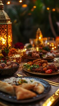 AI image Festive iftar dinner illuminated by golden lanterns and delicious foods ready to share