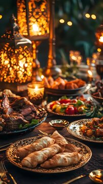 AI image Festive Iftar table illuminated by lanterns during Ramadan featuring delicacies and