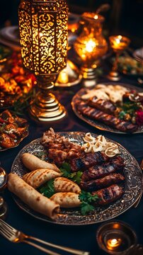 AI image Lavish Middle Eastern feast with grilled delicacies illuminated by ornate lanterns glow