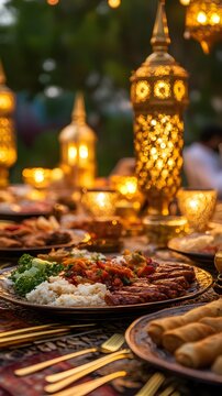 AI image. Opulent festive feast with golden lamps for a warm luxurious celebratory gathering at
