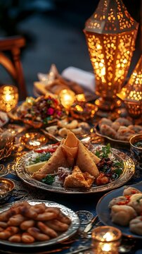 AI image Festive Iftar table setting with golden lanterns and Middle Eastern delicacies