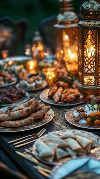 AI image. Festive Iftar table setting with illuminated lanterns and traditional dishes Ramadan