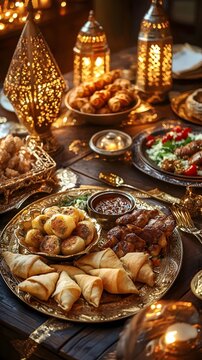 AI image: Festive Arabian feast with golden lanterns and sumptuous middle eastern delicacies