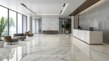 modern corporate office lobby with marble floors, designer sofas, stylish reception desk, large windows, clean architectural lines, cinematic 16:9