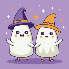 Cute Pair of Ghosts with Halloween Hats - Kawaii Halloween Fun