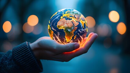 Fototapeta premium World in hand depicting earth globe in human hand with glowing continents and oceans