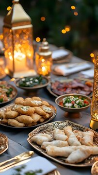 AI image Festive Iftar meal with traditional food lanterns and bokeh lights celebration feast