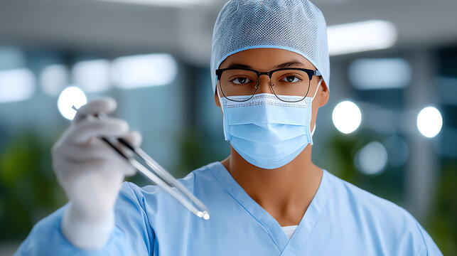 A healthcare professional in surgical attire holds a pipette, symbolizing precision in medical research and laboratory work.