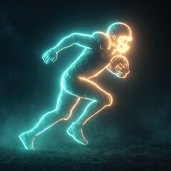 Neon athlete dashes across the grass, a glowing testament to speed and strength, ready to score in the arena of competition.
