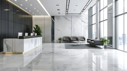 modern corporate office lobby with marble floors, designer sofas, stylish reception desk, large windows, clean architectural lines, cinematic 16:9