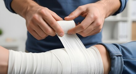 person applying medical bandage to injured leg ankle