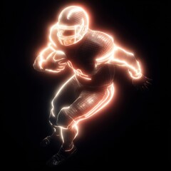 Luminous football player rendered as a wireframe, running with the ball. Isolated against a black backdrop, emitting light.