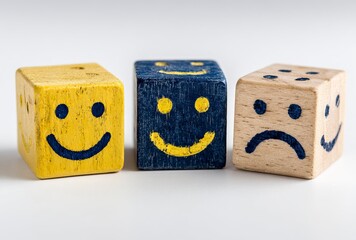 Three cheerful wooden cubes with vibrant yellow smiley faces bring joy and positivity to any creative project, perfect for playful designs and uplifting themes.