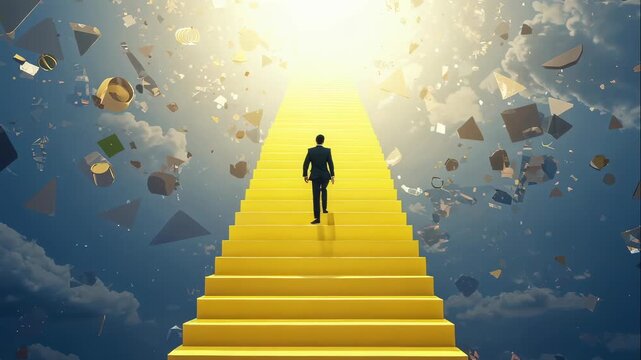 Man walking up golden stairs to the light in a cloudy sky with floating geometric shapes, striving for success conceptual footage.