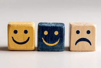 Joyful wooden cubes with a bright yellow smiley face bring happiness and positive vibes to any modern space, perfect for conveying cheerful emotions and playful design inspiration.