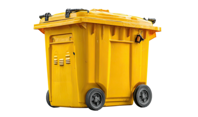 A bright yellow plastic outdoor garbage can