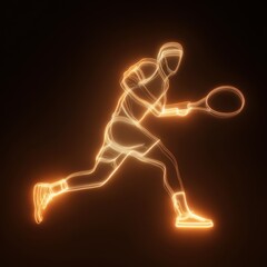 A tennis player outlined with glowing lines is in action. The figure is ready to hit the ball with focus and energy on display.