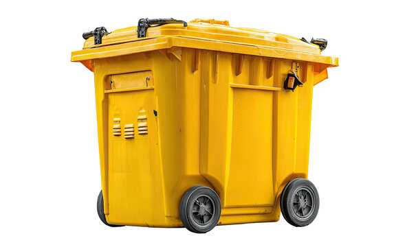 A bright yellow plastic outdoor garbage can
