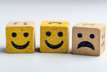 Three cheerful wooden cubes with bright yellow smiley faces exude joy and positivity, perfect for playful designs and uplifting themes.