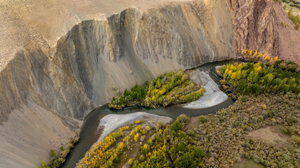 Unreal, ethereal landscapes of lakes and rivers on a sunny autumn day in the Altai foothills, captured by a drone