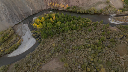 Unreal, ethereal landscapes of lakes and rivers on a sunny autumn day in the Altai foothills, captured by a drone