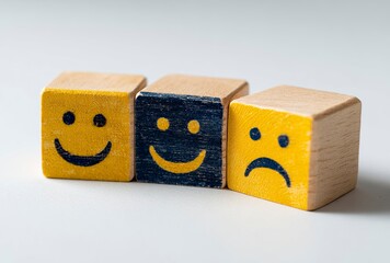 Three vibrant wooden cubes, each adorned with a cheerful yellow smiley face, radiate positivity and playful energy, perfect for conveying joy and simple happiness in modern design.