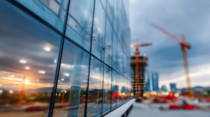 A modern building reflecting construction activity with cranes in the background, showcasing urban development and architecture.