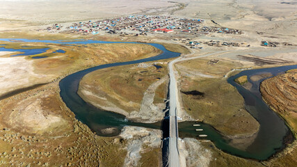 Unreal, ethereal landscapes of lakes and rivers on a sunny autumn day in the Altai foothills, captured by a drone