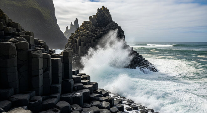 Powerful Ocean Wave Crashing Against Black Basalt Sea Stacks and Columns
A dramatic, high-impact photograph of a massive ocean wave crashing with white foam against the jagged, dark basalt sea stacks
- Powered by Adobe