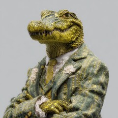 Anthropomorphic alligator in a tailored suit. A blend of nature and sophisticated fashion creates a surreal, intriguing character portrait.