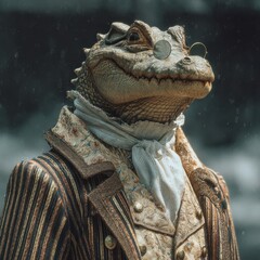 Elegant Alligator: Sophisticated reptile in vintage attire, complete with monocle and striped suit, exuding old-world charm and character.