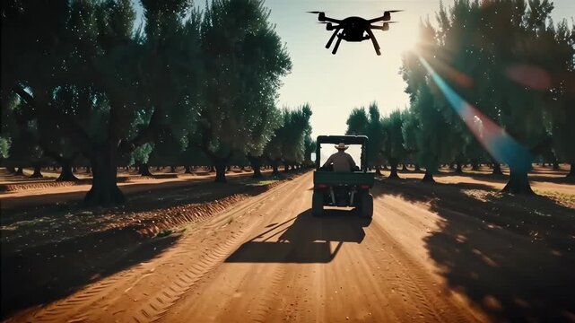 Drone monitoring a farmer driving a utility vehicle through a vast olive grove