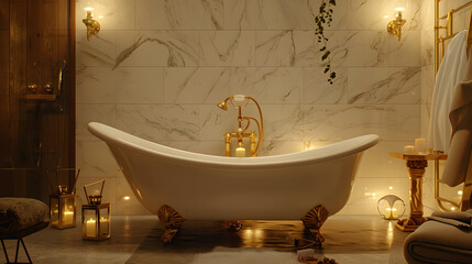luxury bathroom with marble walls, freestanding bathtub, golden fixtures, candles and ambient lighting, cinematic spa atmosphere, 16:9