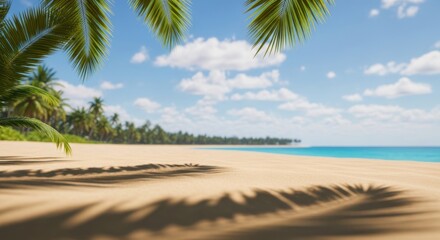 Fototapeta premium Tropical beach paradise serene ocean view palm trees swaying under a sunny blue sky