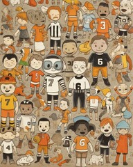 Seamless pattern of cute retro kids playing American football