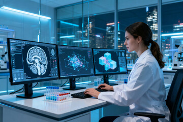 Scientist analyzing brain scans and data visualizations on multiple monitors in a modern laboratory setting