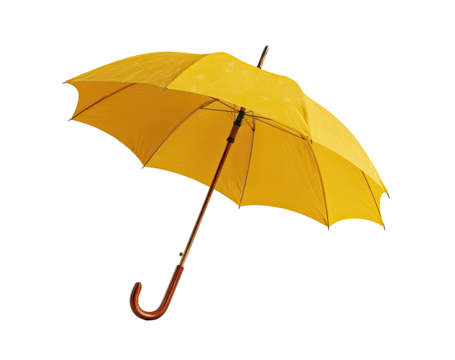 A bright yellow umbrella with water droplets
