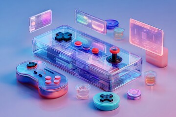 Futuristic transparent gaming controllers and holographic displays showcase cutting-edge technology and immersive virtual reality experiences.