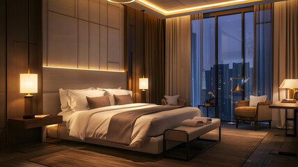luxury hotel suite bedroom with king-size bed, large windows, warm lighting, elegant furniture, cinematic hospitality design, 16:9