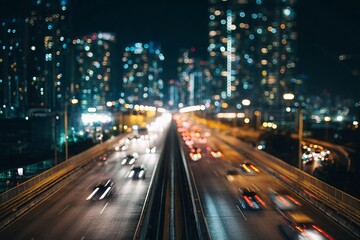 Obraz premium Busy city highway with traffic at night and blurred lights